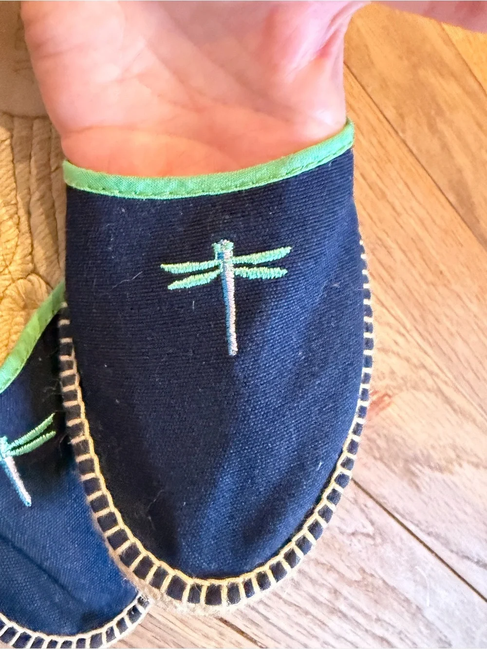 J. Crew Black Canvas Espadrille Mules with Green Trim & Dragonfly Embroidery